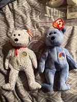 Front view of both Ty bears showing tags, badges, and overall condition