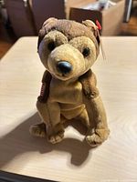 Brown and tan Ty Beanie Baby teddy bear upright with ear tag visible