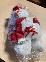 Front view of white plush snowman with red hat, scarf, and ribbon bow, sealed in plastic