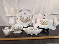 Front view of all six Aynsley Cottage Garden pieces