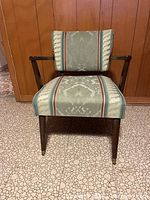 Wood-arm accent chair with green damask stripe fabric