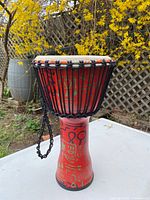 Full view of Meinl djembe showing red shell, rope tuning, and strap