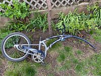 Full view of trail-a-bike lying on ground, drivetrain side visible