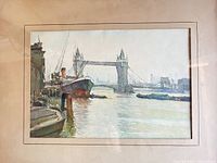 Close-up of painting showing Tower Bridge, ships, and signature