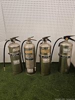 Group shot of all four stainless steel fire extinguishers standing upright on green surface
