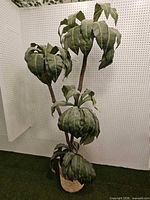 Full view of artificial banana leaf tree showing height, leaves, and basket