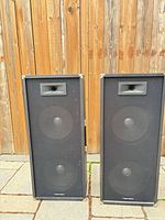 Front view showing both speakers with grilles and tweeters