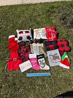 Overall shot of all Christmas decor laid out on grass