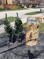 Two 4-ft pre-lit porch trees beside original box outdoors