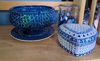 Overall group showing bowl on saucer, glass tumbler and heart trinket box