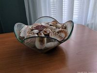 Oblique view of wavy-rim clear green-tint glass bowl filled with seashells