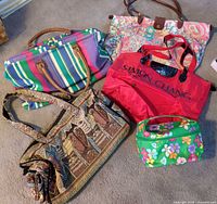 Group shot of all five bags laid on carpet