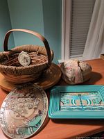 Group shot showing basket, heart box, glass plaque and ceramic tray