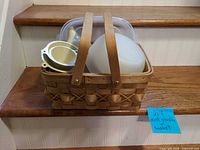 Basket filled with plastic containers and funnels