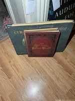 Front view of both books standing: Currier & Ives large hardcover behind, National Portrait Gallery red cloth in front.