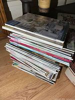 Stack of assorted magazines on floor