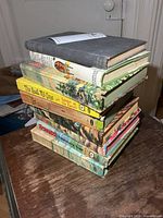 Stack of nine hardcover books side view