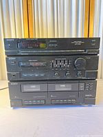 Front view of Sony LBT-D105 mini stereo showing tuner, equalizer and dual cassette deck