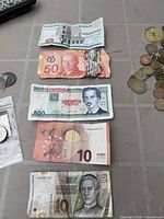 Five foreign banknotes laid out for identification