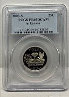 Front of PCGS slab showing 2003-S Arkansas quarter and certification label