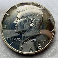 Obverse of 1968-S Kennedy Half Dollar showing portrait, date, mintmark
