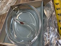 Boxed relish set: divided glass dish, silver-plated fork & spoon