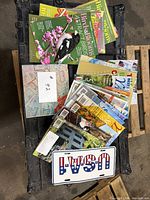 Stack of mixed magazines and novelty USA plate on trunk