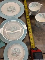 Plates and teacups with tape measure showing relative sizes