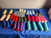 Group shot of all thread spools and bobbin case on table