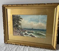 Full framed painting showing artwork, matting and ornate frame