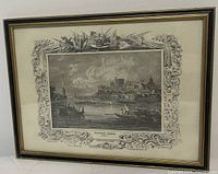 Front view of framed engraving showing image, decorative border, frame and glass.