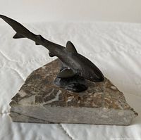 Front view of bronze shark on marble base