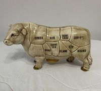 front-side view of ceramic cow bank showing labeled beef cuts
