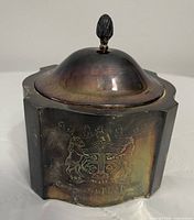 Front three-quarter view showing domed lid, finial, tarnished silver plate, engraved crest and text
