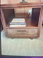 Front view showing open shelf and drawer