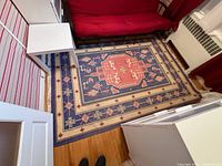 Full view of rug within room showing overall design and colors
