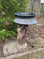 Full view of bird bath in garden setting showing basin and sculptural pedestal