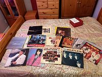 All twelve LPs laid out on bed showing front covers
