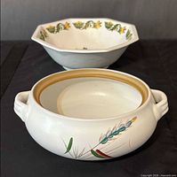 Denby handled casserole dish front with Greenwheat motif; Johnson Brothers octagonal bowl behind