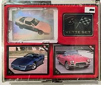 Front view of sealed Corvette card set showing hologram, badge, two sample cards in red tray