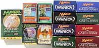 Group shot showing Classic Sixth Edition large box, small Invasion, Classic, Tempest boxes and stacked Return to Ravnica & Gatecrash boxes