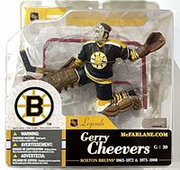 Front of sealed blister pack showing Gerry Cheevers figure, Bruins logo and Legends branding