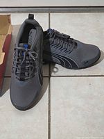 Top view of both shoes showing grey mesh uppers, blue accents, laces