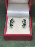 Front view of earrings in box showing jade stones and hoop design