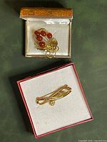 Both brooches in boxes overview