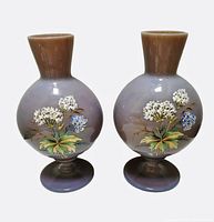 Pair of lavender/grey Bristol vases with floral enamel