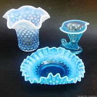 Group shot of all three blue opalescent hobnail pieces