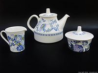 Teapot, sugar bowl with lid, and creamer front view