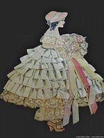 Close-up of ribbon art doll figure showing satin ribbon dress, lace and bouquet