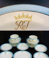 Close-up of crown and RT monogram on rim; group view of stacked dishes